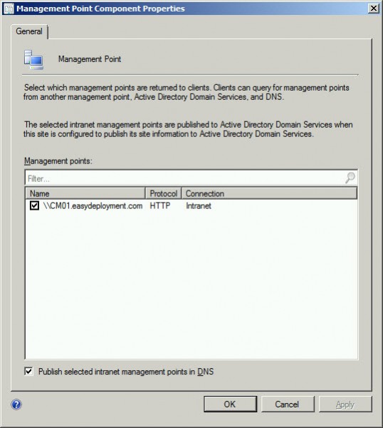 Publish intranet Management Point in DNS