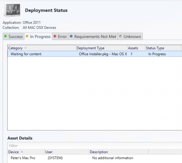 Deployment status in the Configuration Manage console