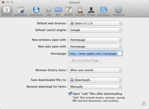 The value of the default homepage in the preferences of S